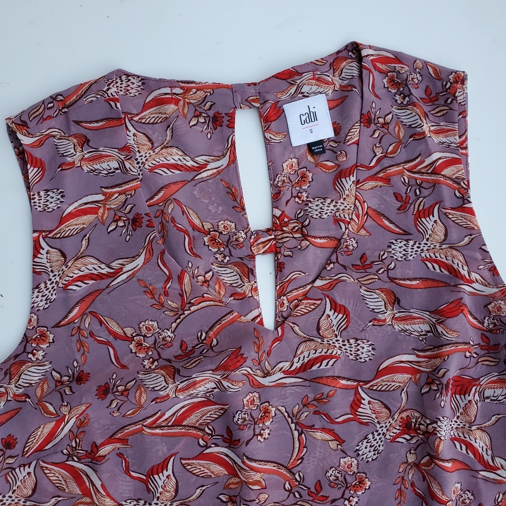 Cabi Small Blouse Good Luck Crane Shirt Mauve Sleeveless Peplum Top Flowy Bows - Picture 7 of 15